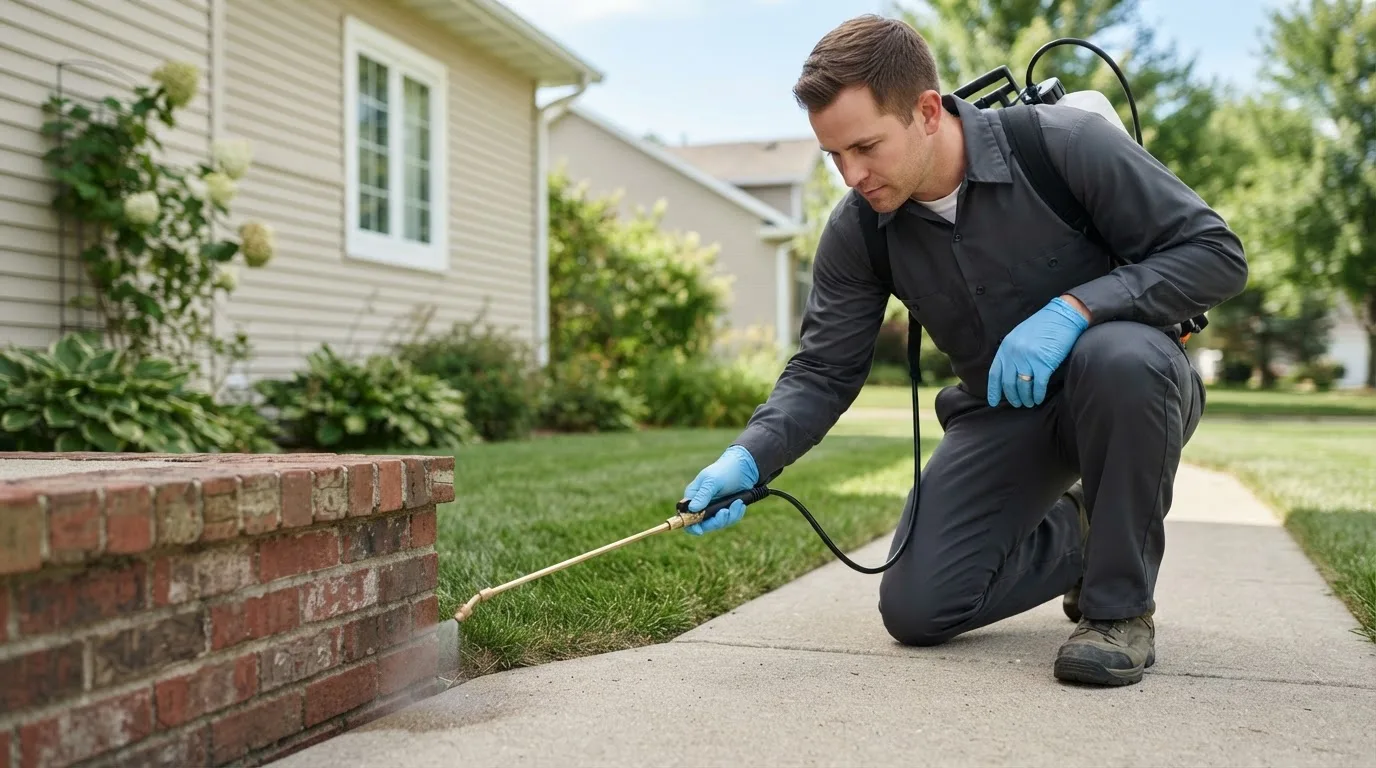 Pest control technician treating a home near South Lebanon, OH