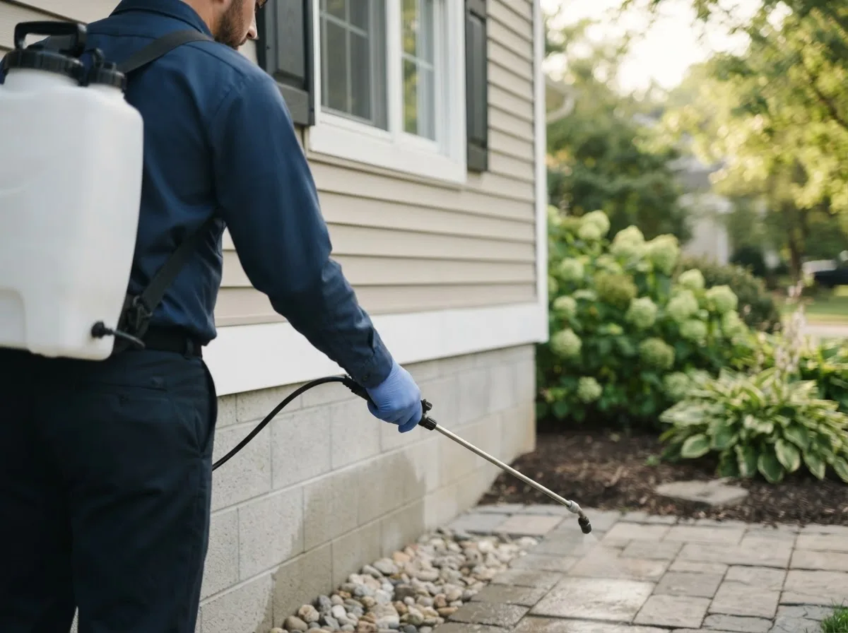Pest control technician inspecting a home in South Lebanon, OH